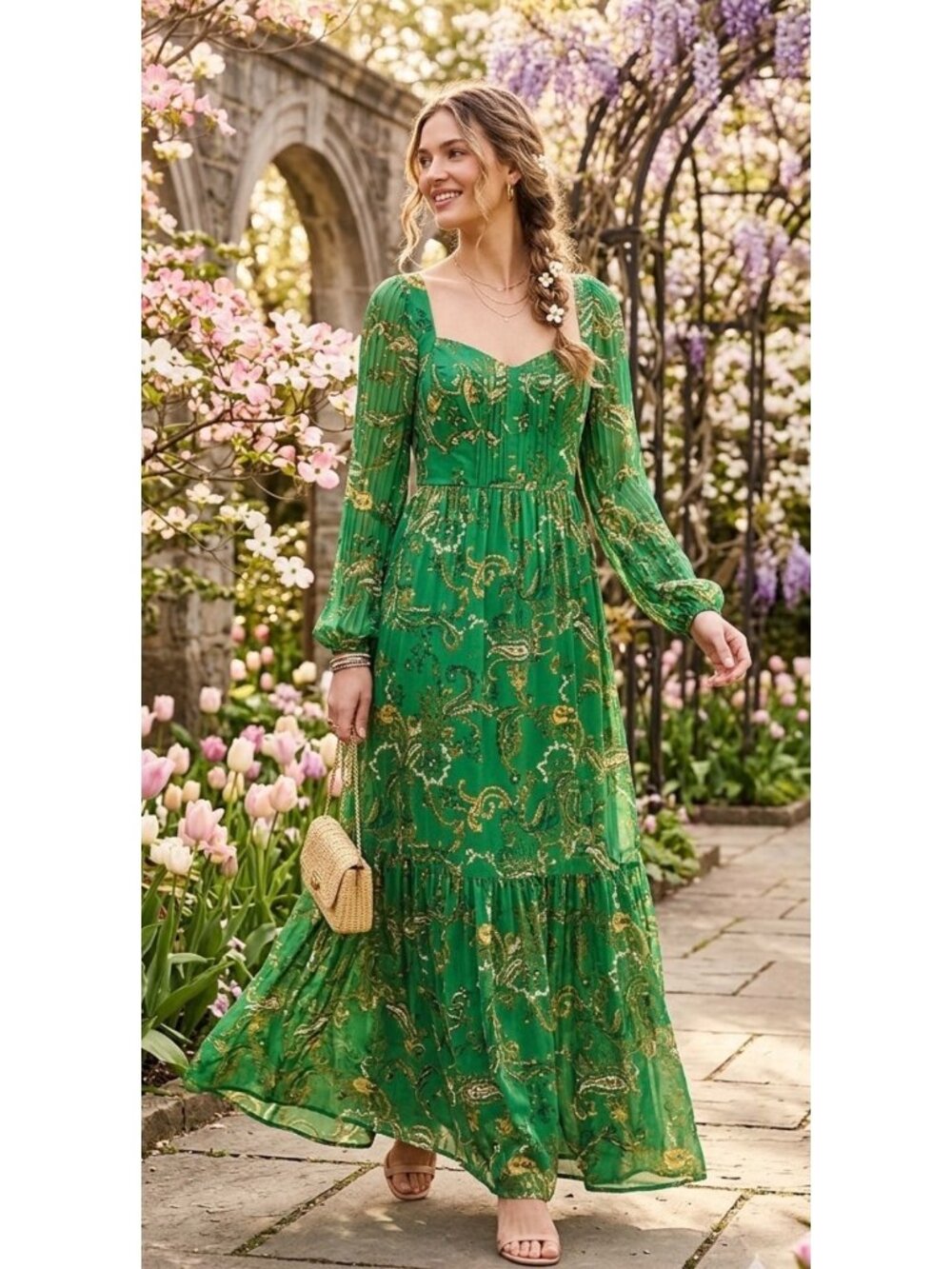 Hale Bob Vinita Floral Maxi Dress Green Size XL NWT Renaissance Boho Hippie Cute